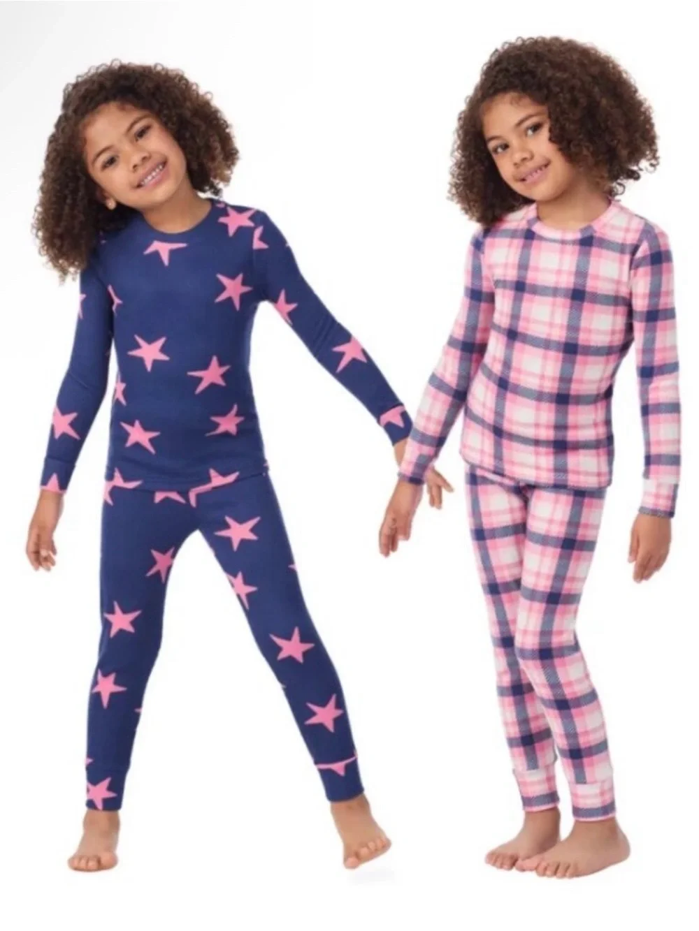 Two-Pack Kids Long-Sleeve Star & Plaid Pajama Set - Navy and Pink size 4T